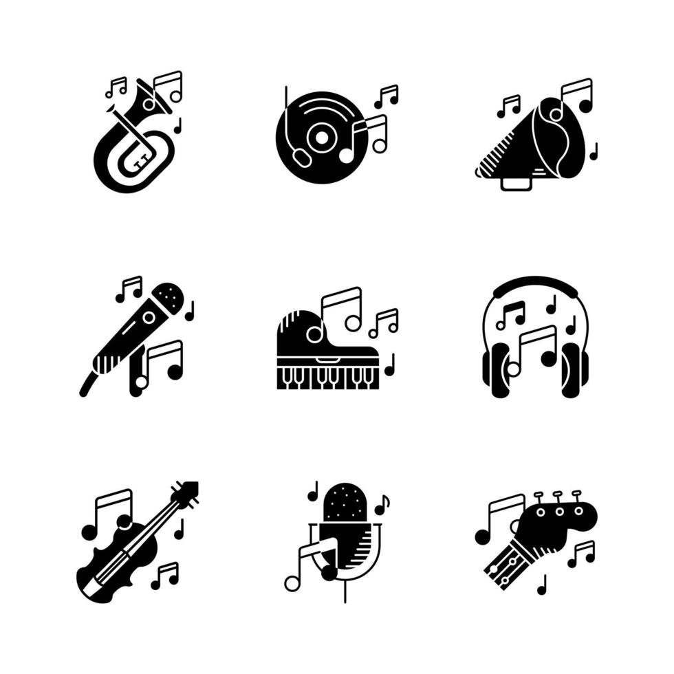 set van 9 muziekinstrumenten icoon. viool, baritontuba, trompet, piano, speakergitaar, muzieknoten en vele iconensets. entertainment en kunst pictogram illustratie set. silhouet pictogramserie. vector