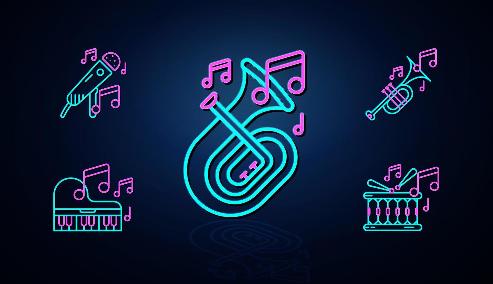 neon trombone, microfoon, drum, piano, snaredrum en bladmuziek icon set ziet er duidelijk uit. neon lijn pictogramserie. entertainment en karaoke muziek icoon. neonpictogramreeks. vector