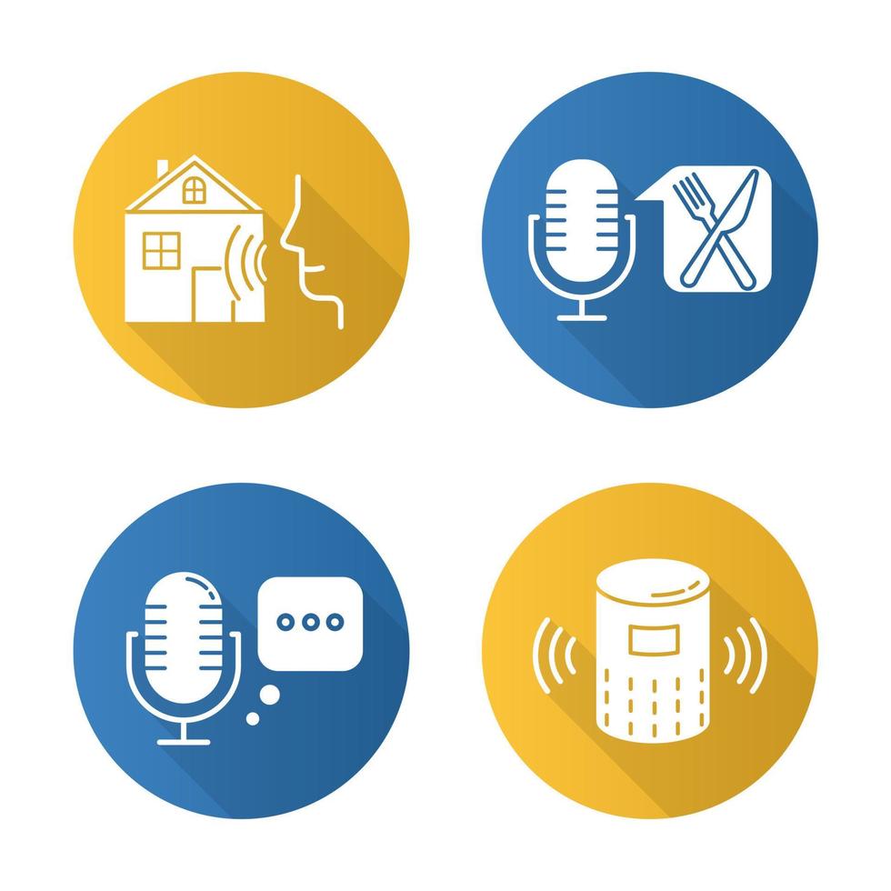 afstandsbediening systeem plat ontwerp lange schaduw glyph pictogrammen instellen. idee voor virtuele hulphulpmiddelen. apparatuur voor spraakherkenning. slimme huistechnologie, eten bestellen. vector silhouet illustratie