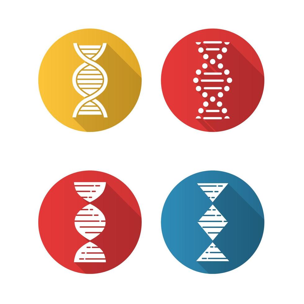 dna spiraal strengen platte ontwerp lange schaduw glyph pictogrammen instellen. deoxyribonucleic, nucleïnezuur helix. spiraalvormige strengen. chromosoom. moleculaire biologie. genetische code. vector silhouet illustratie