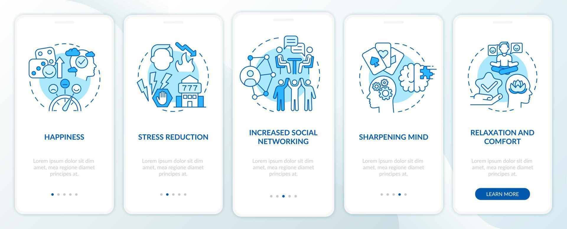 gokpositieve eigenschappen blauw onboarding mobiel app-scherm. entertainment walkthrough 5 stappen grafische instructiepagina's met lineaire concepten. ui, ux, gui-sjabloon. talloze pro-bold, reguliere lettertypen gebruikt vector