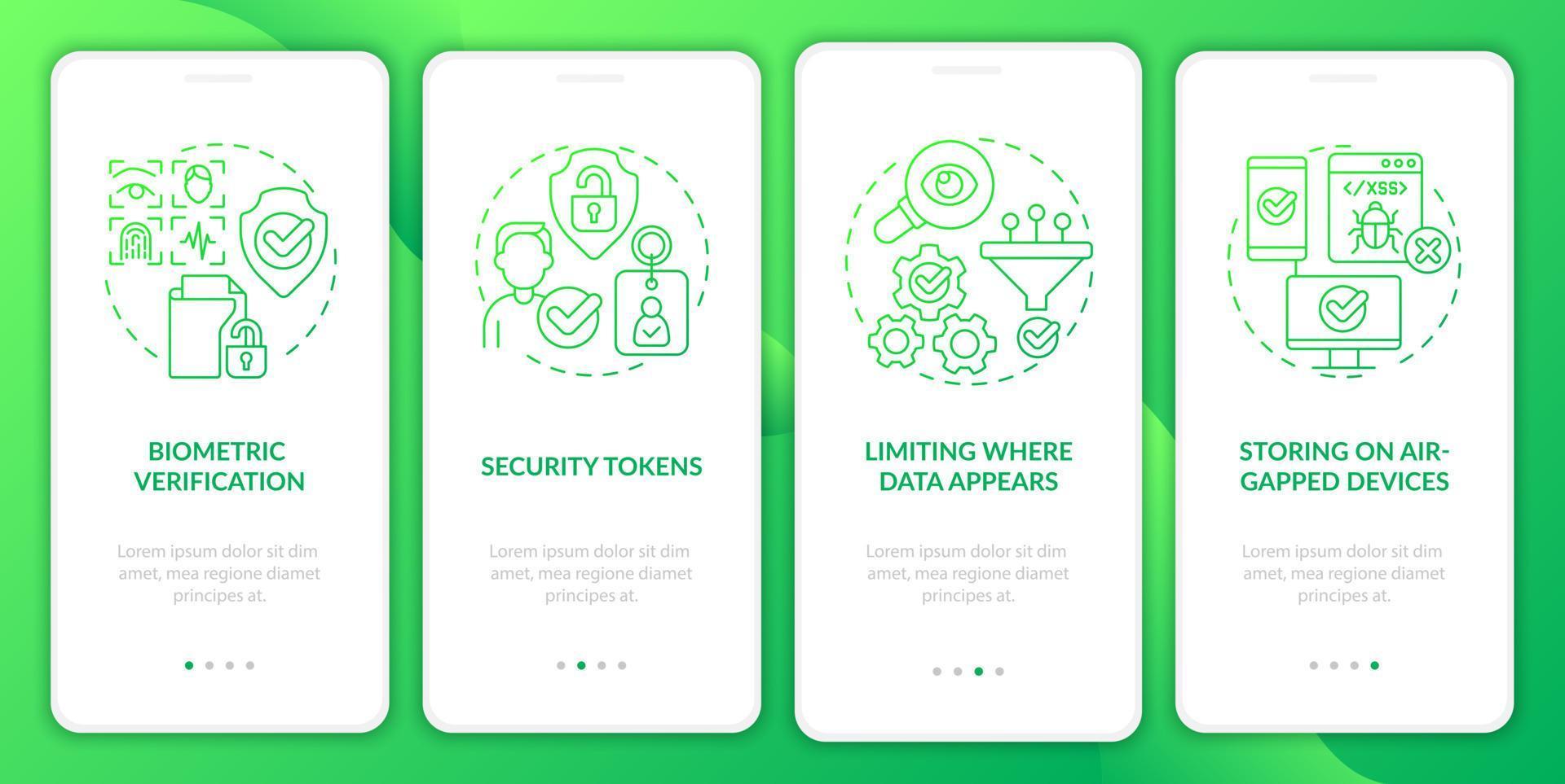 privacy tegenmaatregelen groene gradiënt onboarding mobiele app-scherm. walkthrough 4 stappen grafische instructiepagina's met lineaire concepten. ui, ux, gui-sjabloon. talloze pro-bold, reguliere lettertypen gebruikt vector