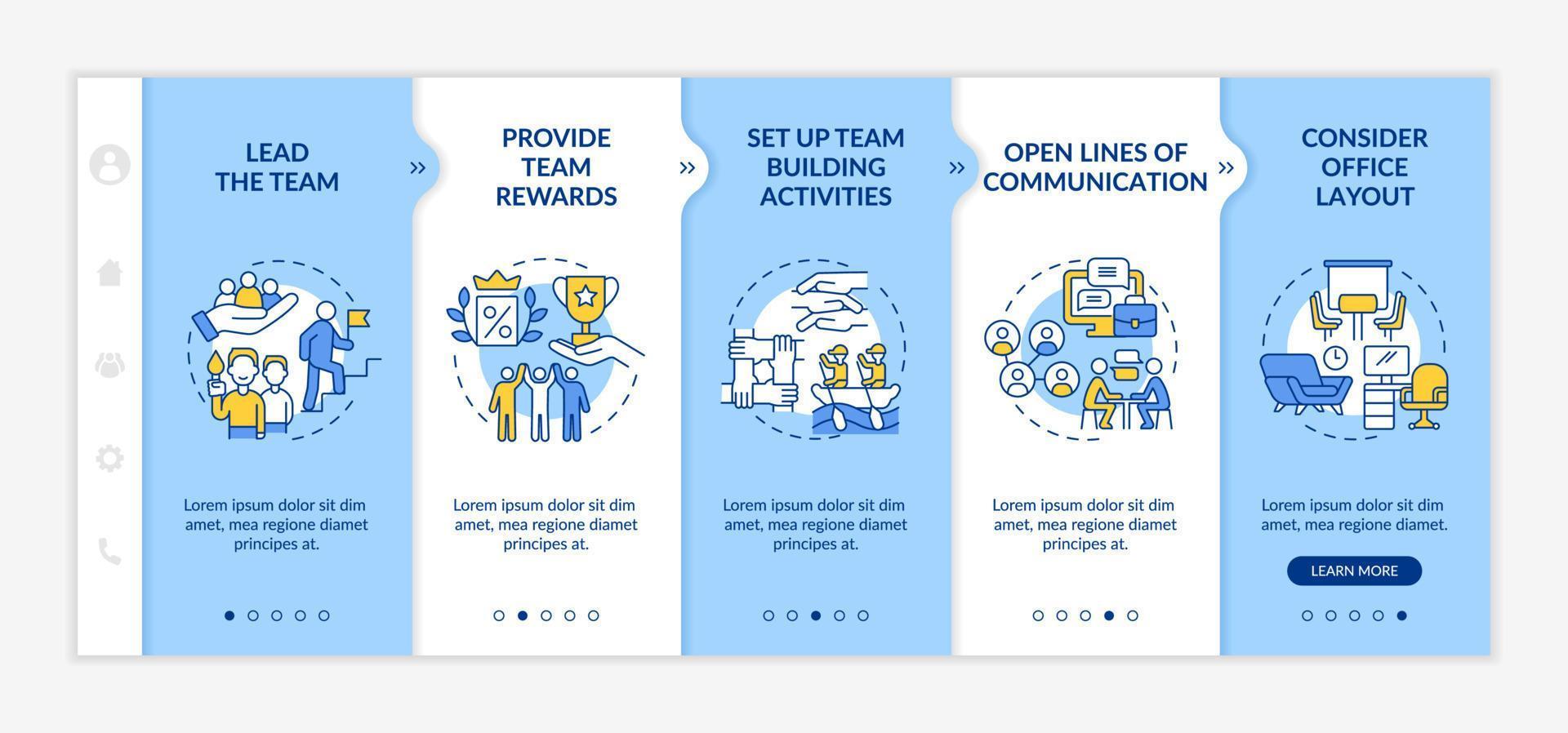 het bevorderen van teamwork op de werkplek blauw en wit onboarding-sjabloon. teamwerk. responsieve mobiele website met lineaire conceptpictogrammen. webpagina walkthrough 5 stappen schermen. lato-bold, gewone lettertypen gebruikt vector