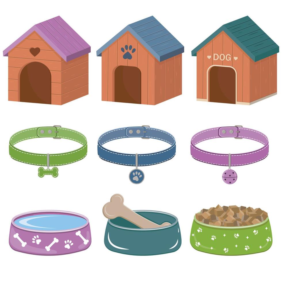 een set accessoires voor honden en katten, een hokje, kommen met eten, halsbanden met een medaillon. geïsoleerde vectorillustratie vector