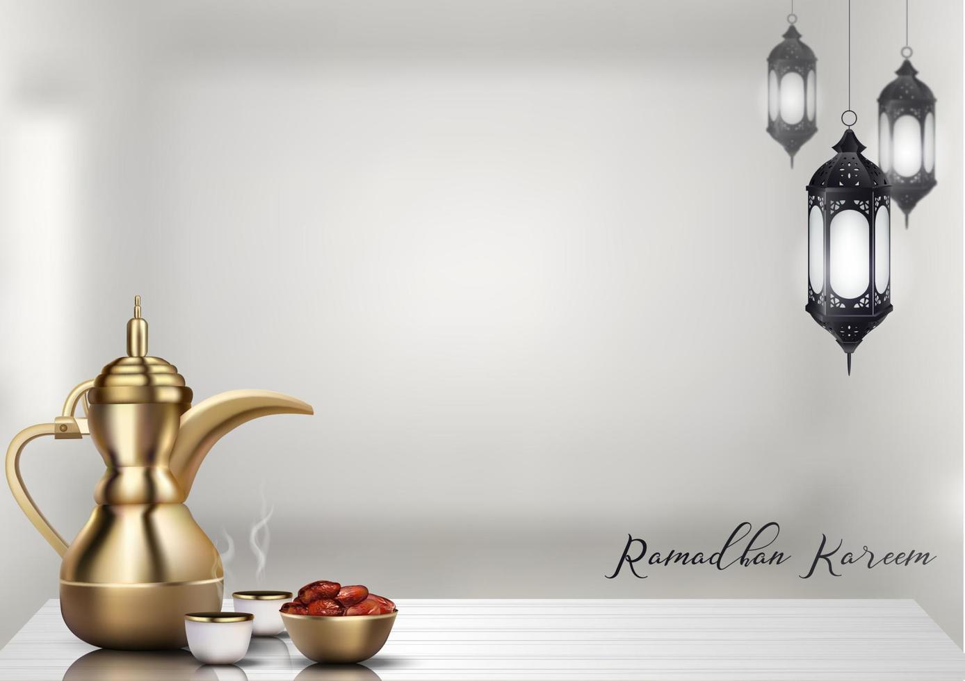 ramadan kareem achtergrond. iftar-feestviering met traditionele Arabische gerechten en Arabische kalligrafie vector