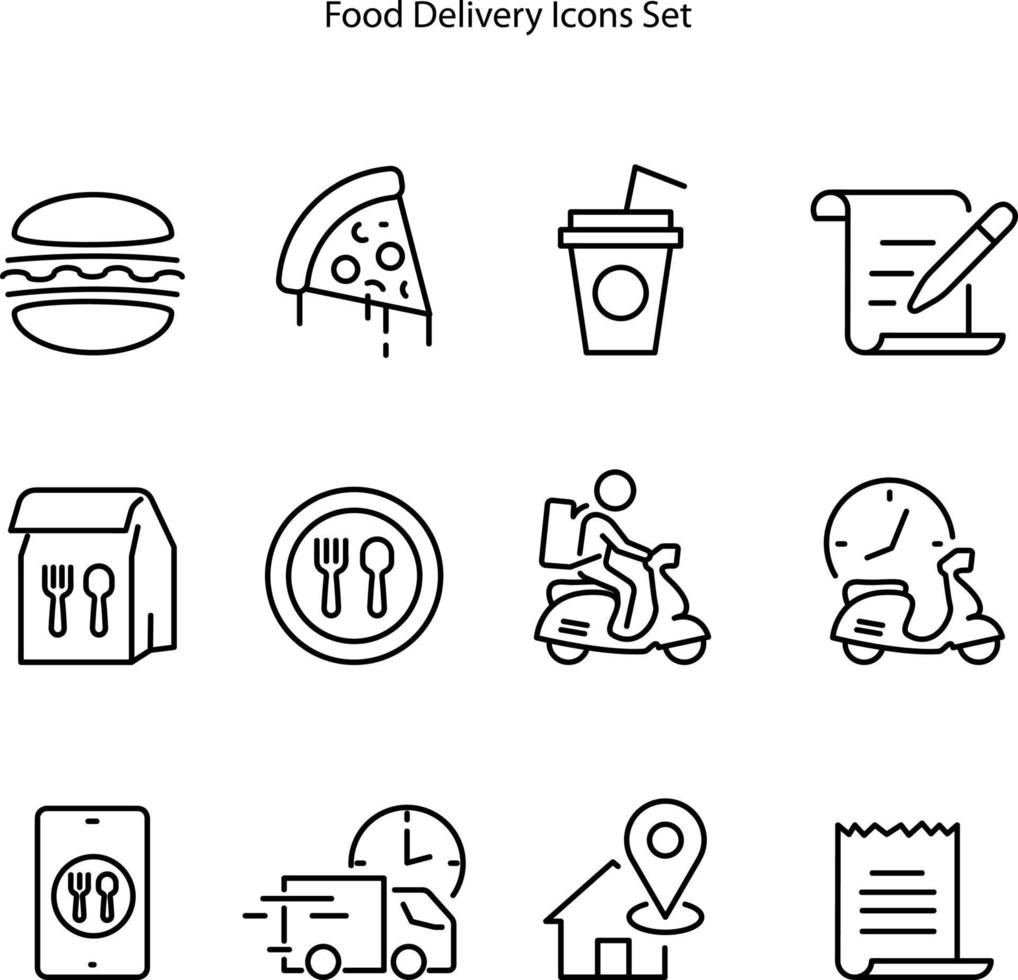 save download preview food delivery iconen set geïsoleerd op een witte achtergrond. voedsel levering pictogram dunne lijn overzicht lineaire voedsel symbool voor logo, web, app, ui. voedsel levering pictogram eenvoudig teken. vector
