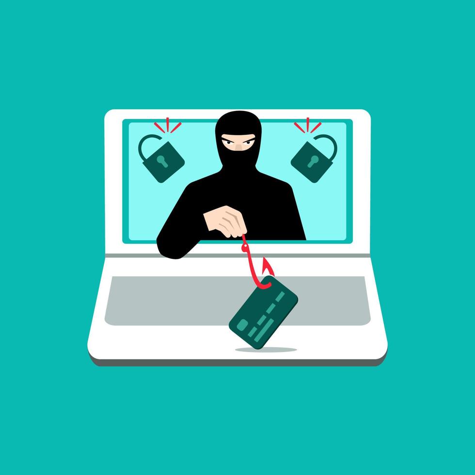 een computerhacker die geld steelt van online bankrekeningen. webcriminaliteit met wachtwoordhacking. het concept van phishing, hackeraanvallen, online fraude en webbescherming. vectorillustratie. vector