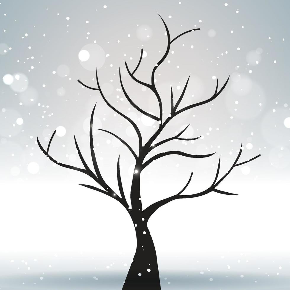 een boom tegen een winters en grijs landschap met felle zonhoogtepunten. vector illustratie