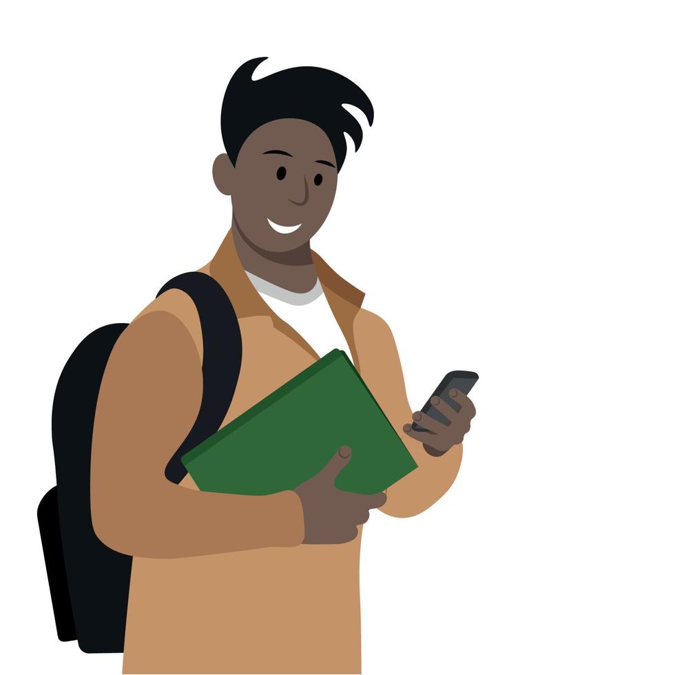 portret van een zwarte student met boeken in de ene hand en een telefoon in de andere, isoleer op een witte, platte vector, jonge moderne kerel vector