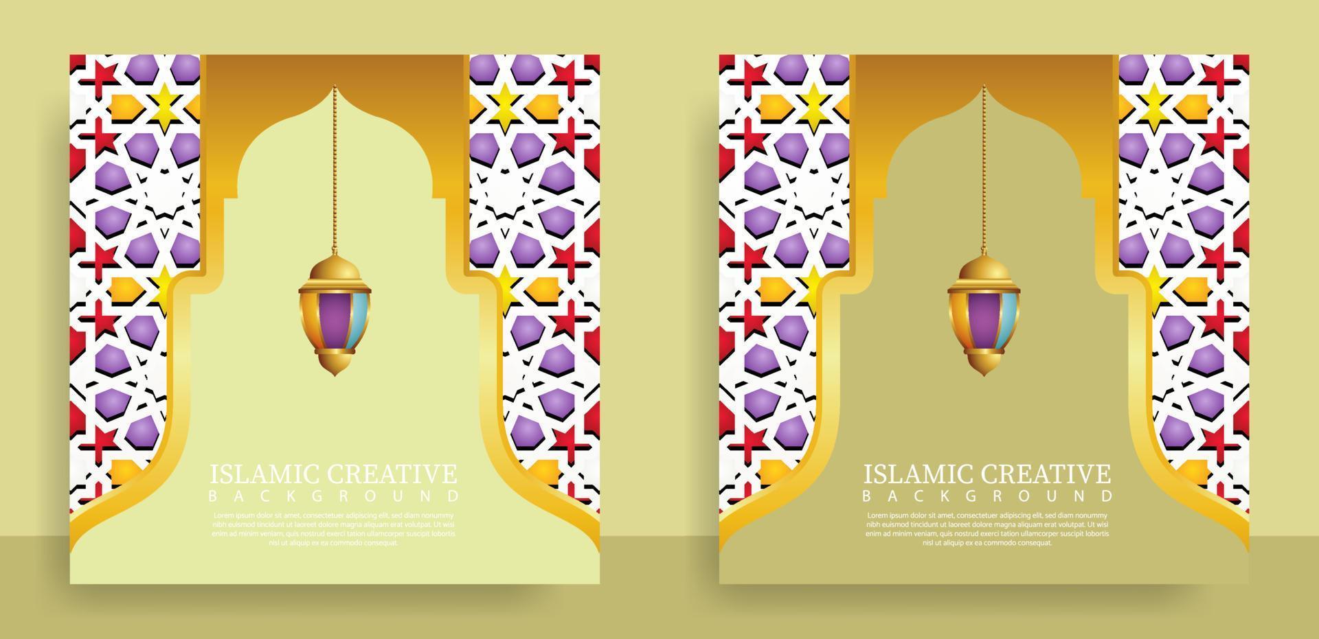 set wenskaart islamitische achtergrond sjabloon met ontwerptechniek gemaakt met textuur en decoratieve kleurrijke details van islamitische kunst ornamenten bloemen mozaïek vectorillustratie vector