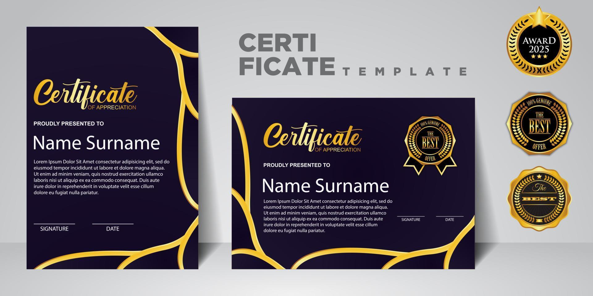 moderne certificaatsjabloon in gradatie en gouden kleuren, luxe en moderne stijl en vector afbeelding award stijl. geschikt voor waardering. premium vector.