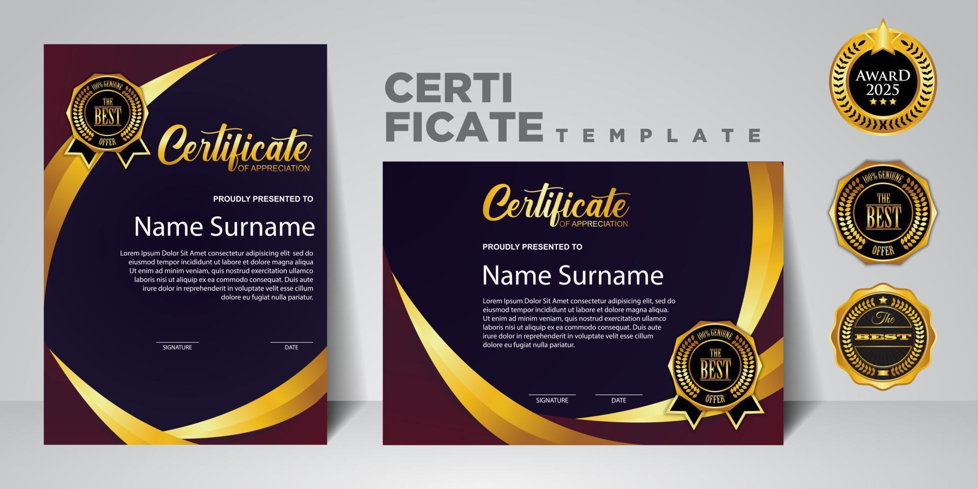 moderne certificaatsjabloon in gradatie en gouden kleuren, luxe en moderne stijl en vector afbeelding award stijl. geschikt voor waardering. premium vector.