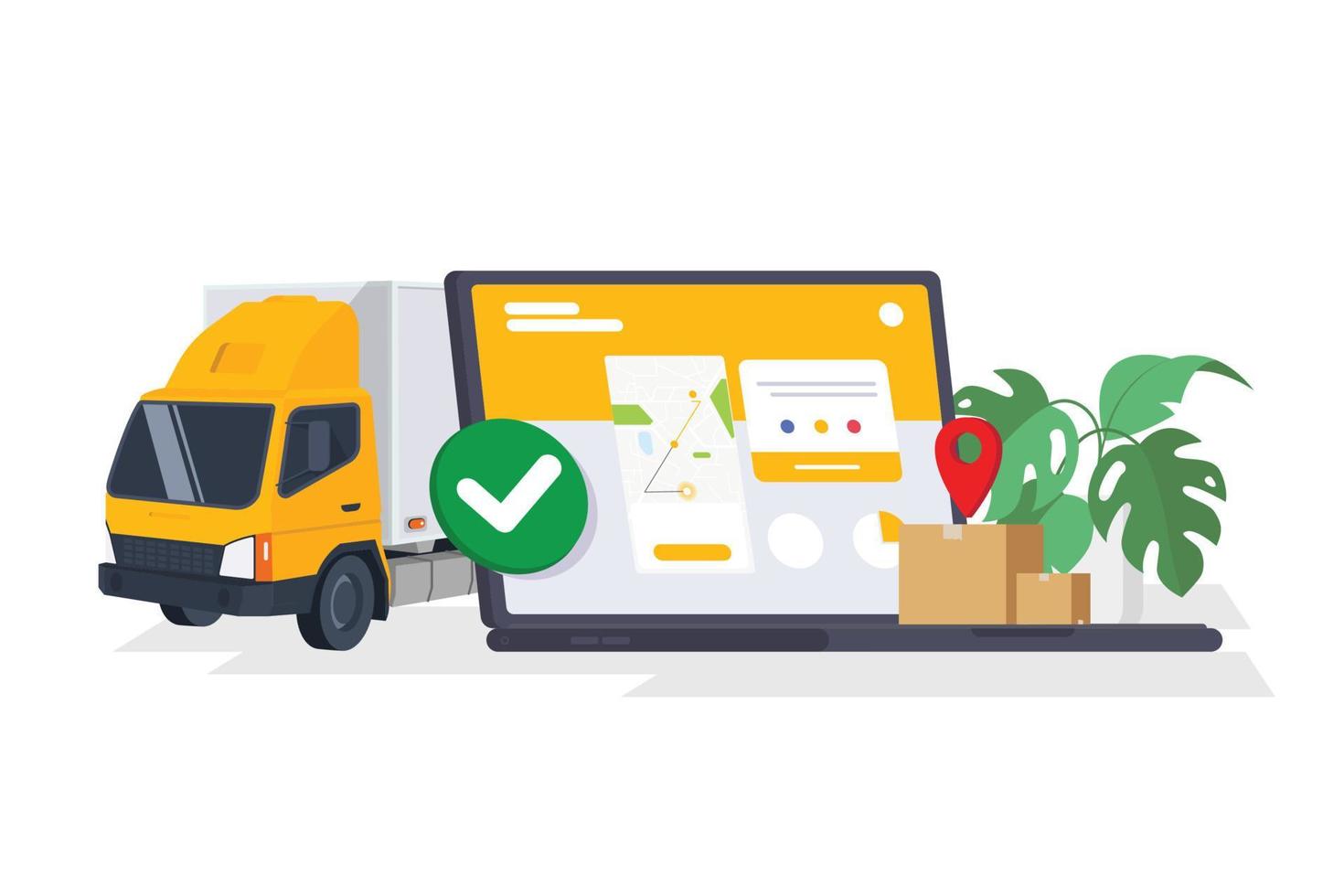 succes levering vectorillustratie. laptop met open website-app voor het volgen van bestellingen met kaart. snel reageren levering pakket verzending op mobiel. e-winkel. geïsoleerd op witte achtergrond vector