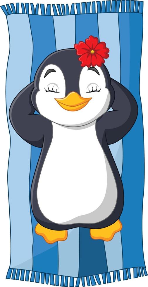 cartoon vrouwelijke pinguïn zonnebaden op het strand vector