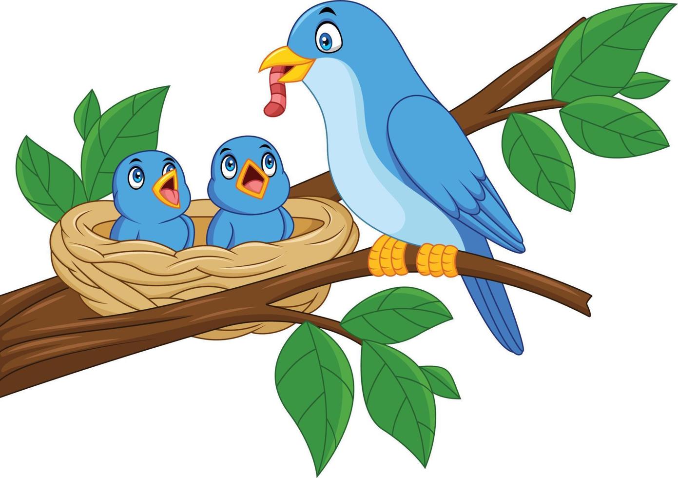 moeder blauwe vogel die baby's in een nest voedt vector