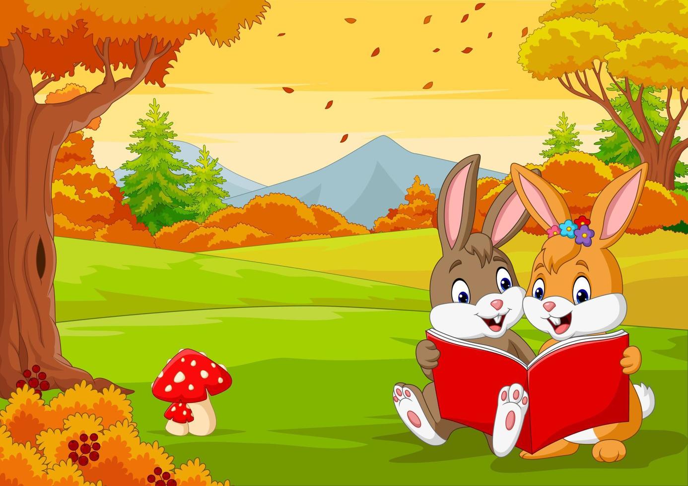 tekenfilmparen van konijnen die een boek lezen in het herfstbos vector