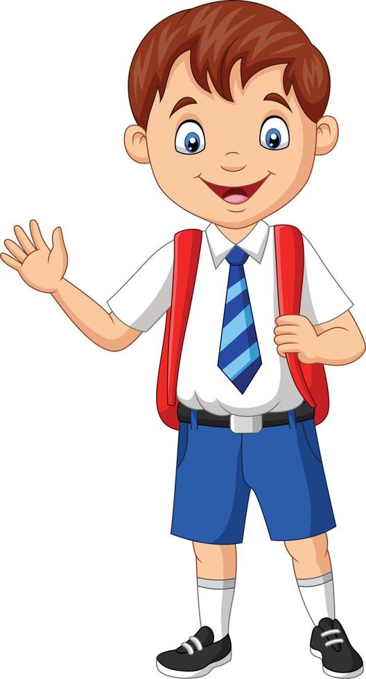 cartoon schooljongen in uniform zwaaiende hand vector