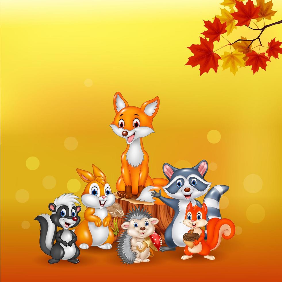 cartoon wilde dieren met herfst achtergrond vector