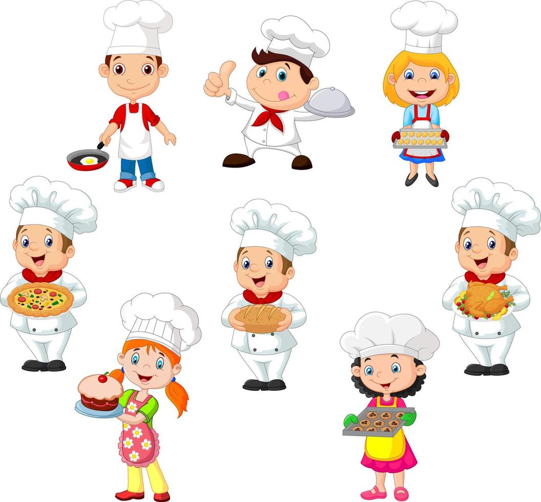 verzameling kinderen koken chef-kok op witte achtergrond vector