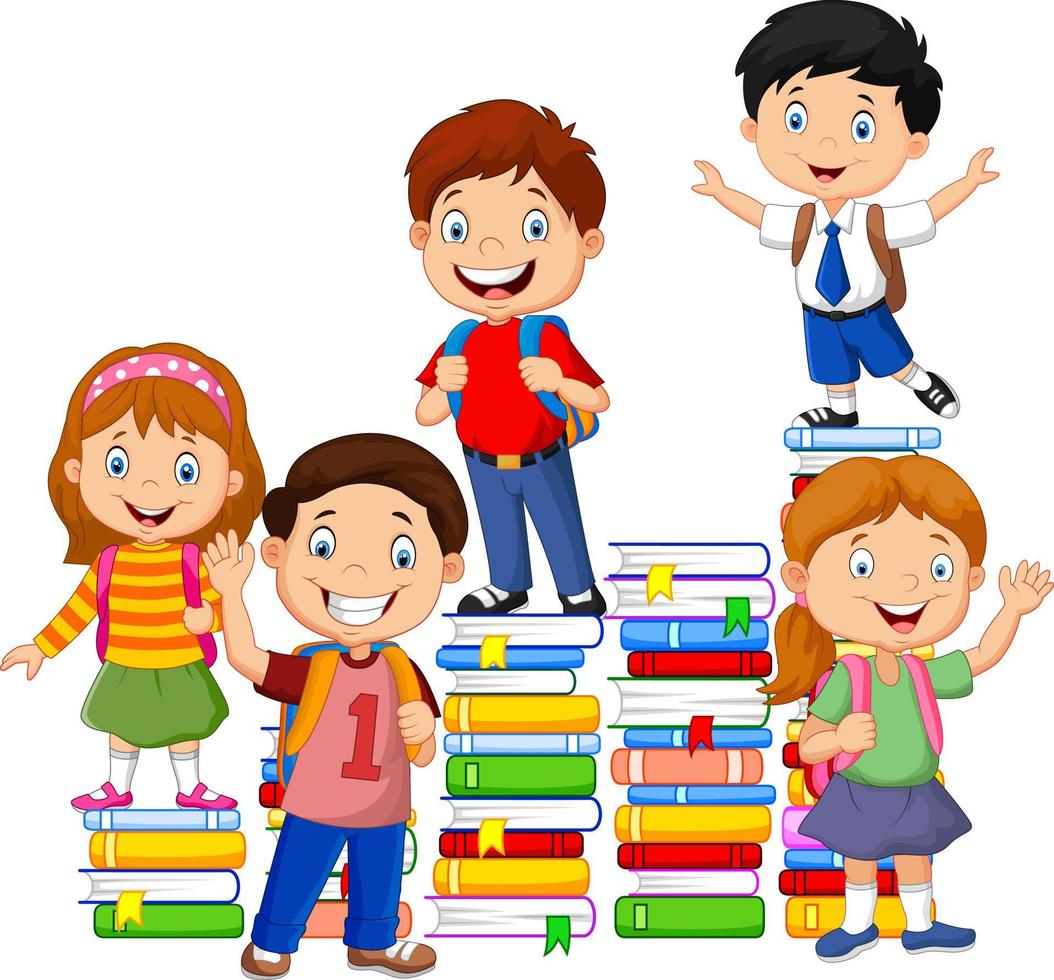gelukkige schoolkinderen spelen met stapel boeken vector
