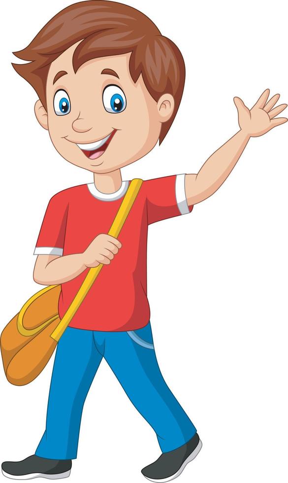 cartoon schooljongen met rugzak en zwaaien vector