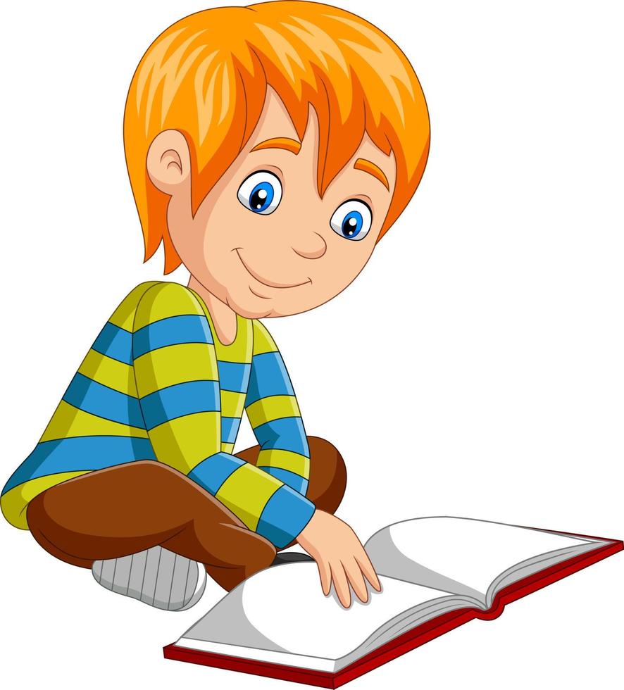 cartoon kleine jongen die een open boek leest dat op de vloer zit vector