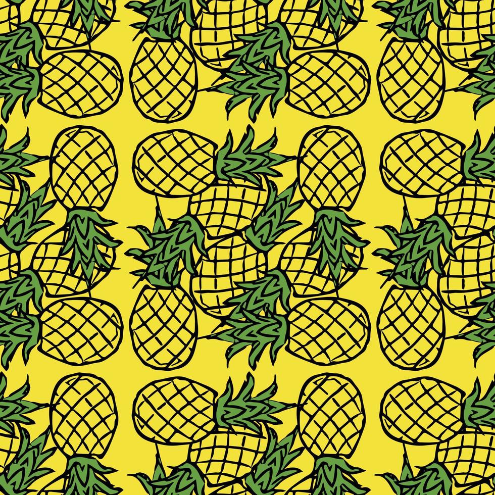 naadloos ananaspatroon. vectorillustratie met ananas pictogrammen op gele achtergrond. vintage ananaspatroon vector
