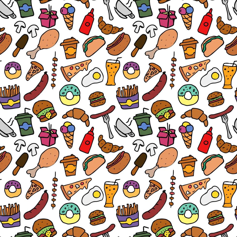 doodle fastfood pictogrammen. naadloos patroon met voedselpictogrammen. fastfood set pictogrammen, fastfood achtergrond. voedsel pictogrammen op witte achtergrond. hand verdrinken vector patroon met fast food iconen