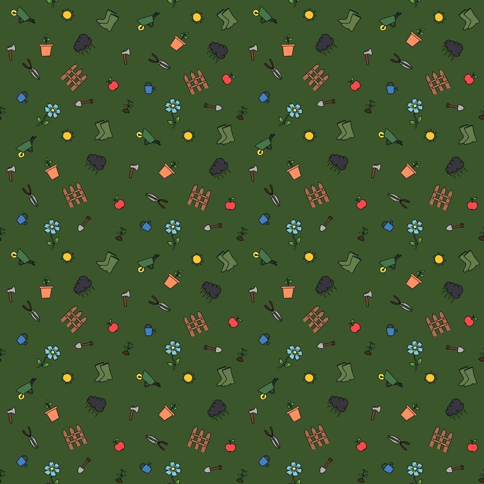 gekleurde naadloze tuinieren patroon. doodle vector met tuinieren pictogrammen. vintage tuinieren pictogrammen op groene achtergrond
