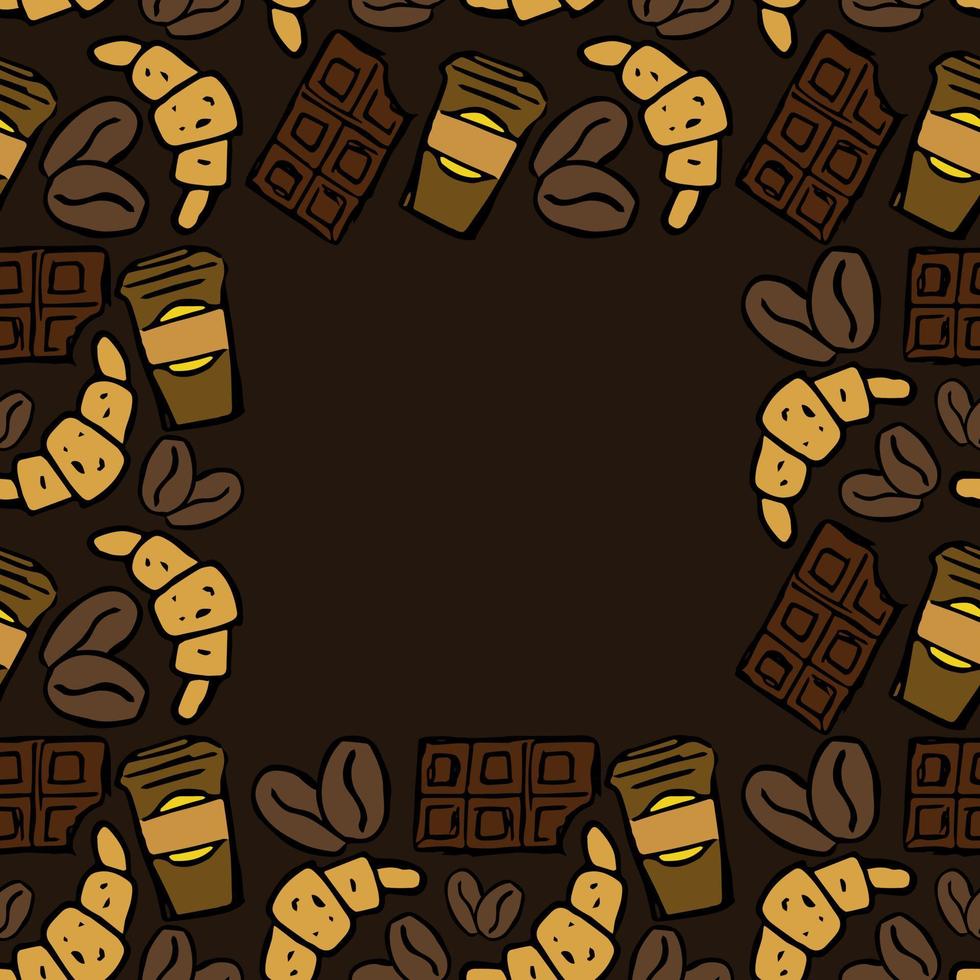 naadloos patroon met koffie, croissant en chocoladepictogrammen. vector voedselpictogrammen met plaats voor tekst