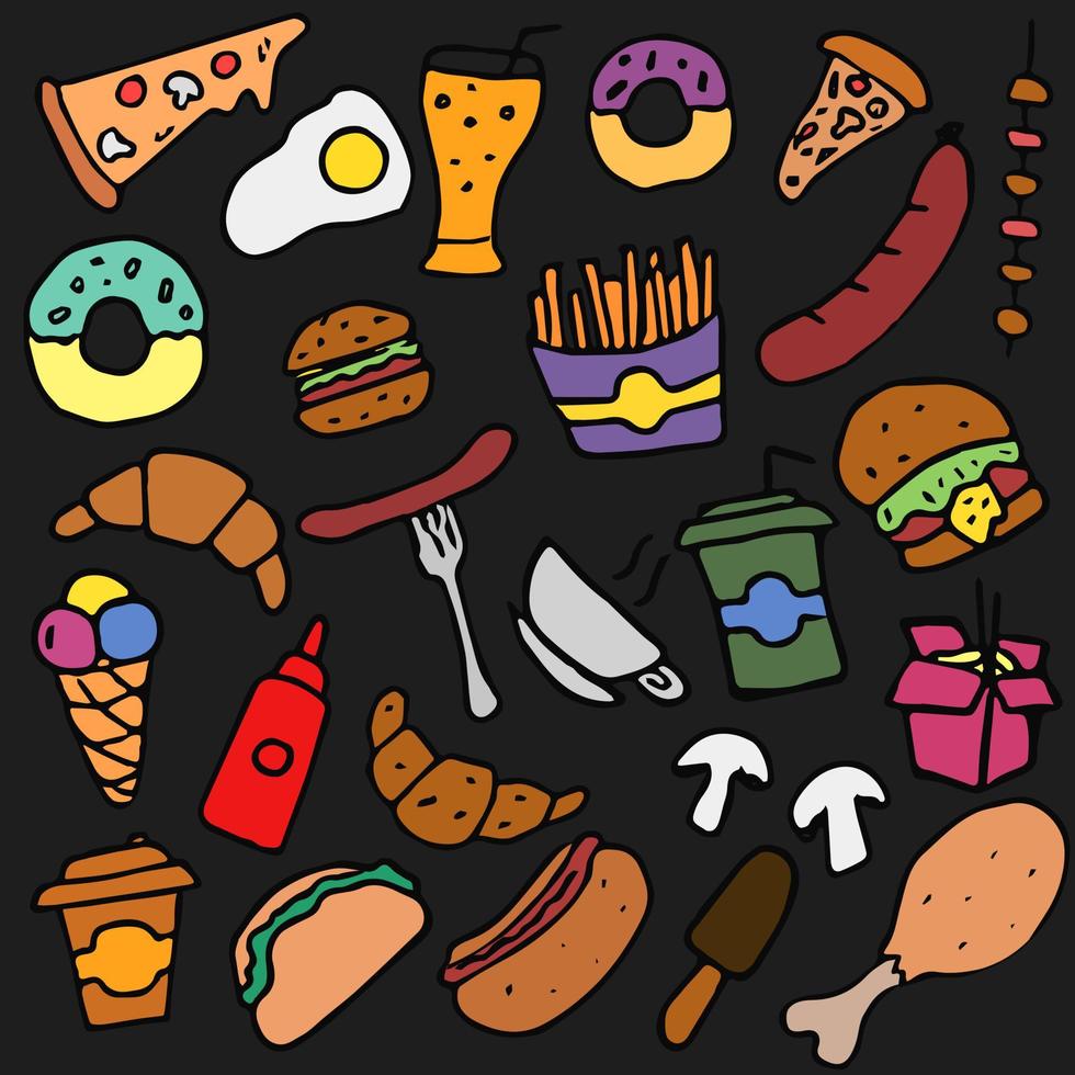 doodle fastfood pictogrammen. fastfood set pictogrammen, fastfood achtergrond. voedsel pictogrammen op zwarte achtergrond. hand verdrinken vectorillustratie met fastfood iconen vector