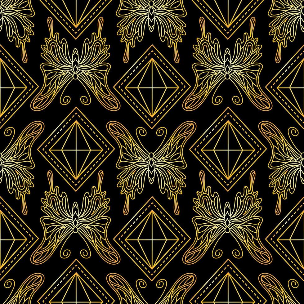 naadloos patroon met gouden vlinders en diamanten op een zwarte achtergrond. vector