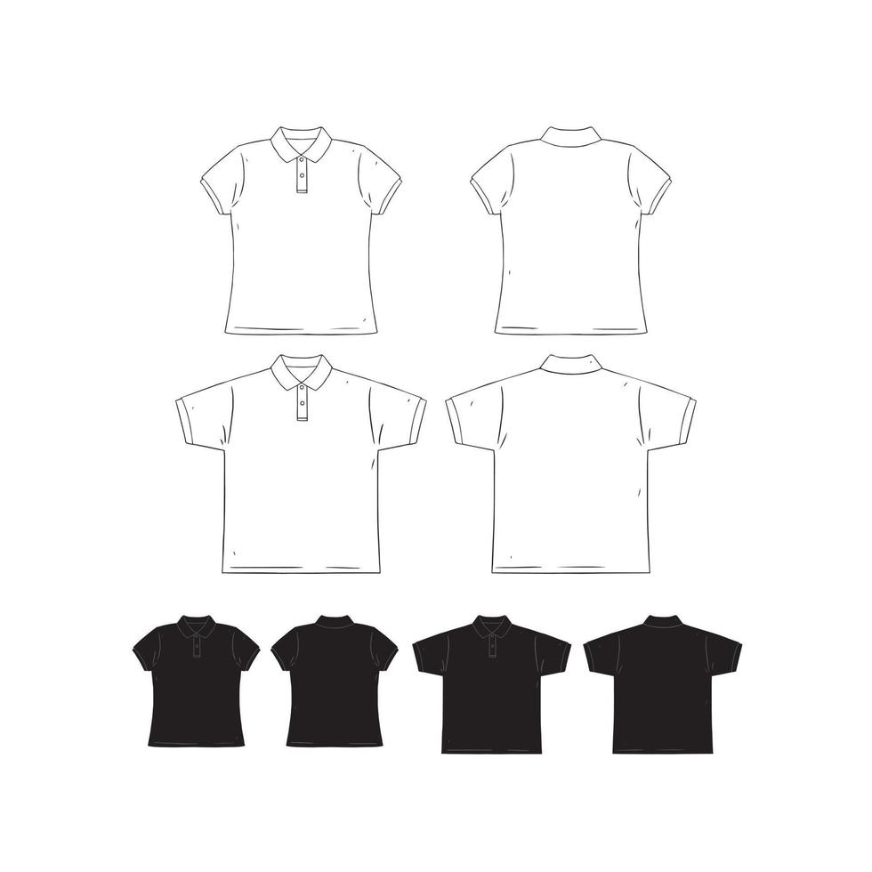 hand getekende vectorillustratie van lege mannen en vrouwen korte mouw poloshirt ontwerpsjabloon. voor- en achterkant van het shirt. wit en zwart. vector
