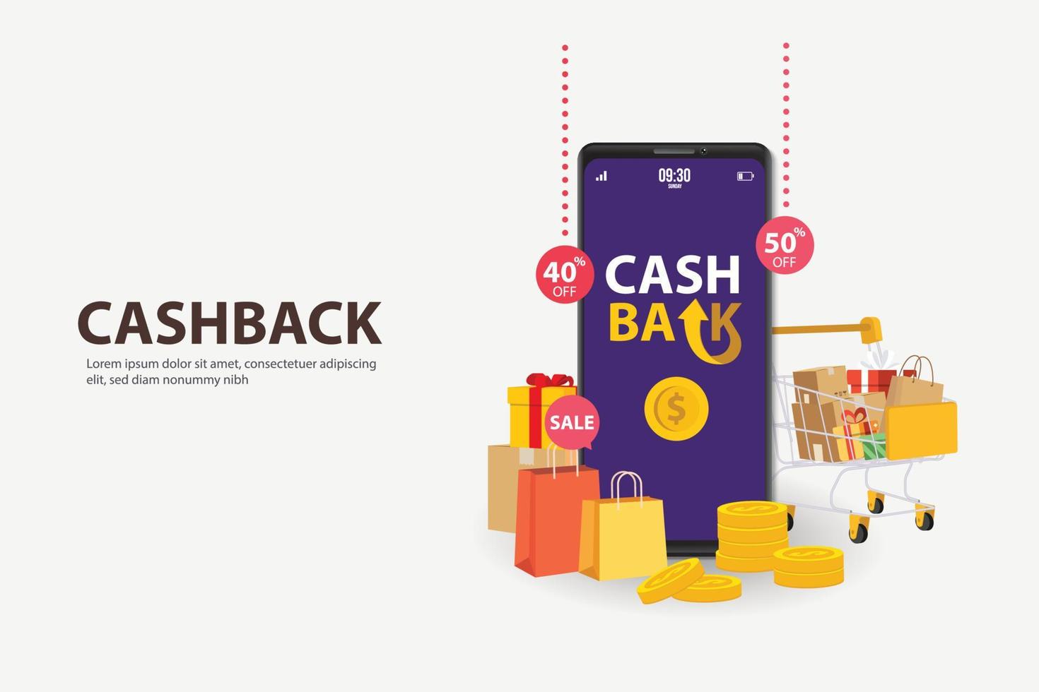 cashback-concept met gouden munten uit boodschappentassen. financiële mobiele app, applicatie om te winkelen vector