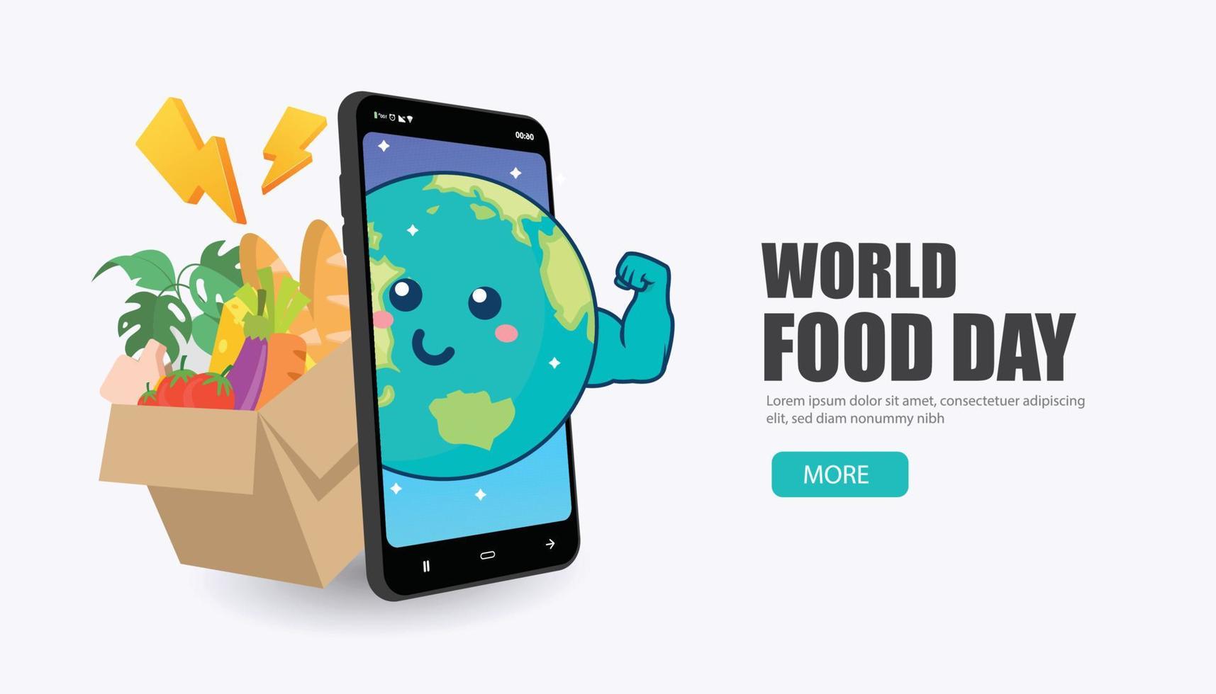 wereldvoedseldag illustratie met cartoon aarde schattig en smartphone vector is geschikt voor sociale media, spandoek, poster, flyer en gerelateerd aan voedsel