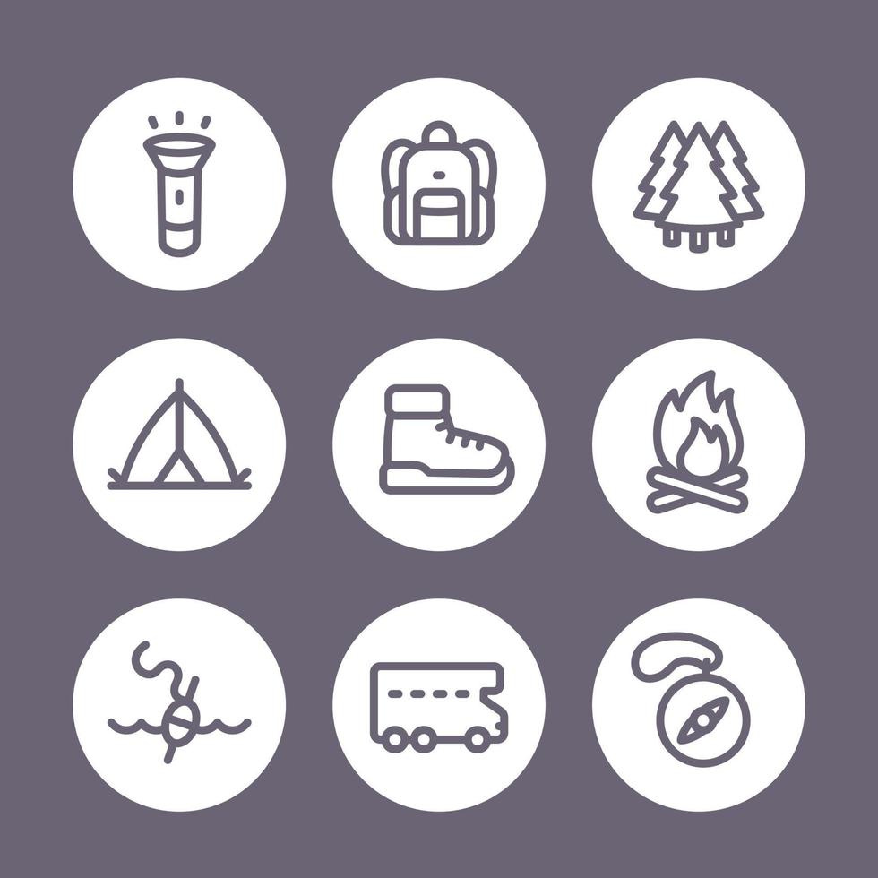 camping lijn pictogrammen geïsoleerd op wit, vectorillustratie vector