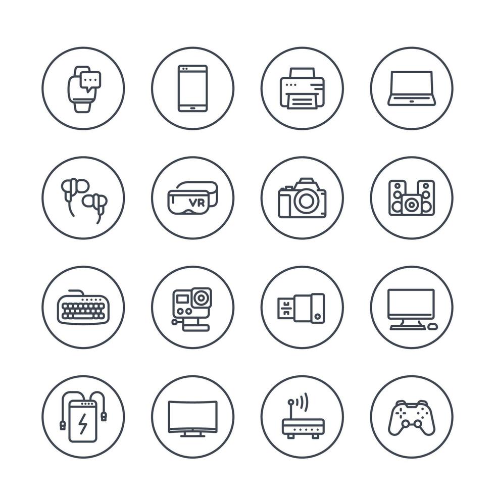 gadgets, moderne apparaten, elektronica lijn pictogrammen over wit vector