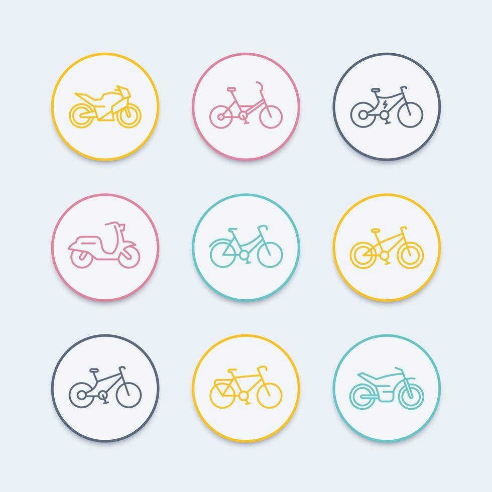 fietsen lijn iconen, fiets pictogram, fiets, fietsen, motorfiets vector, motor, dikke fiets, scooter, retro fiets, elektrische fiets, ronde pictogrammen, vector illustratie