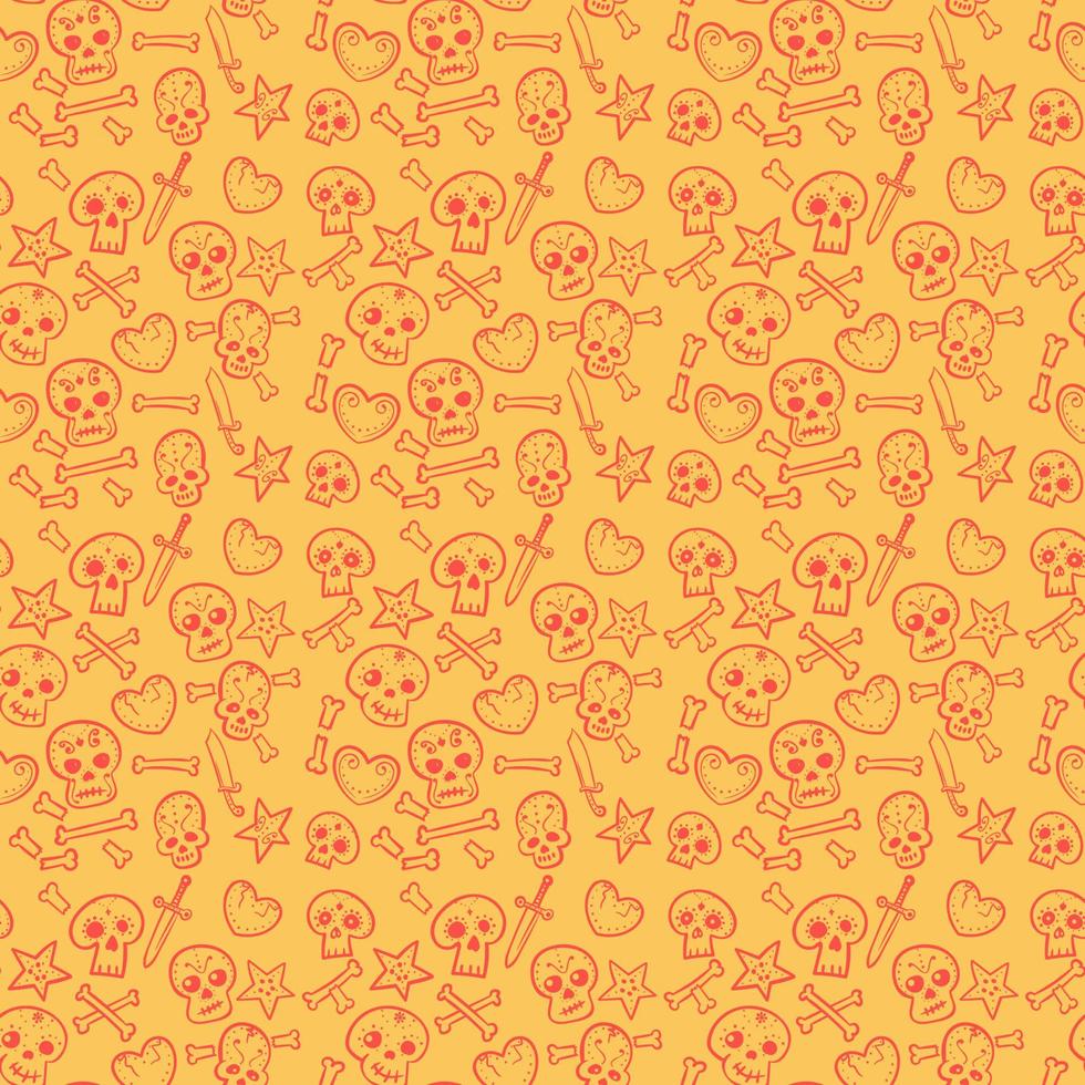 patroon met schedels en harten, botten, dolken, naadloze achtergrond in rood en geel vector