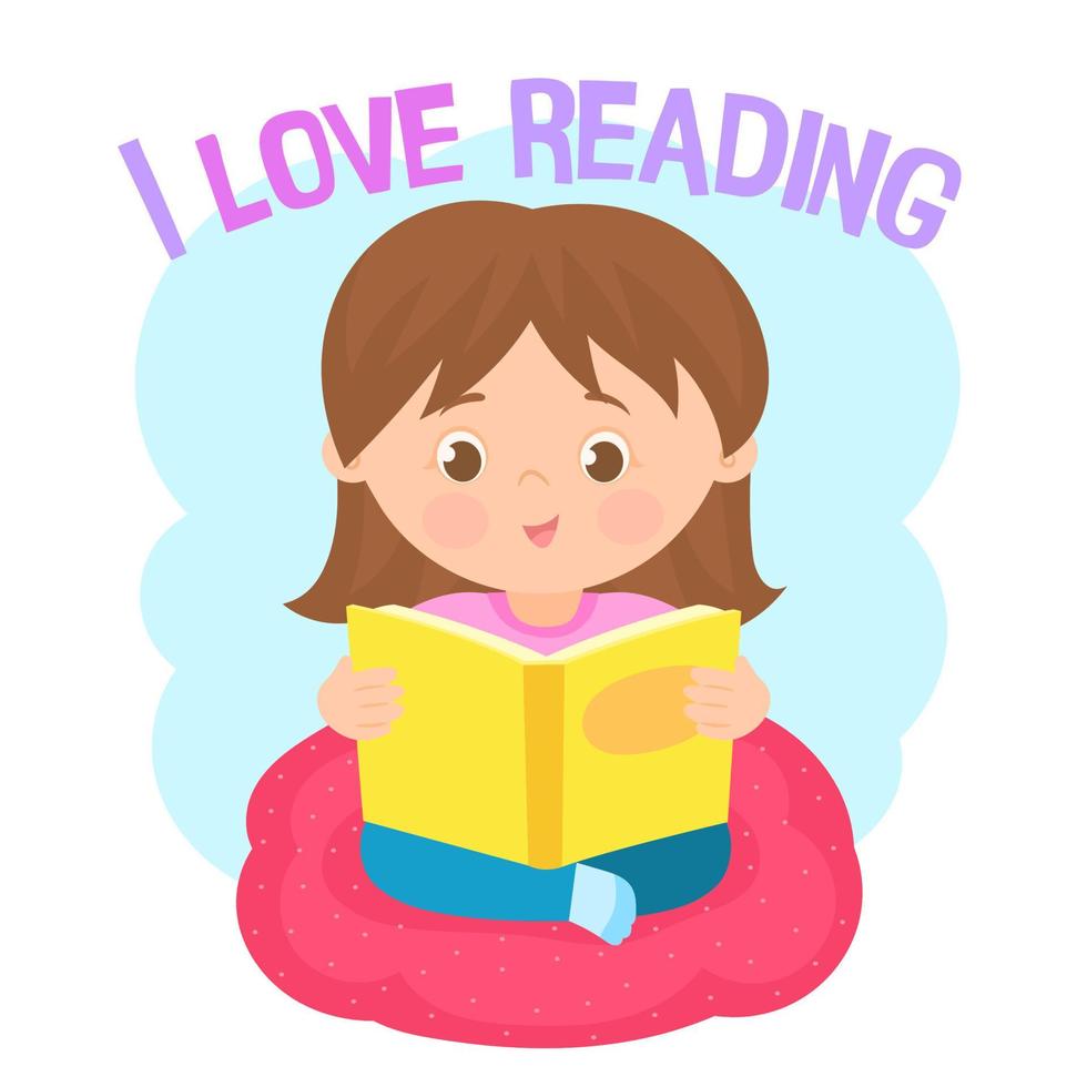 een meisje dat aandachtig een boek leest zittend op een kussen vector