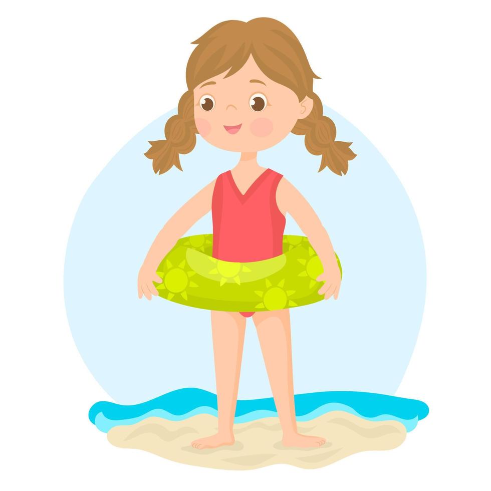 een meisje op het strand met een kleurrijke reddingsboei vector