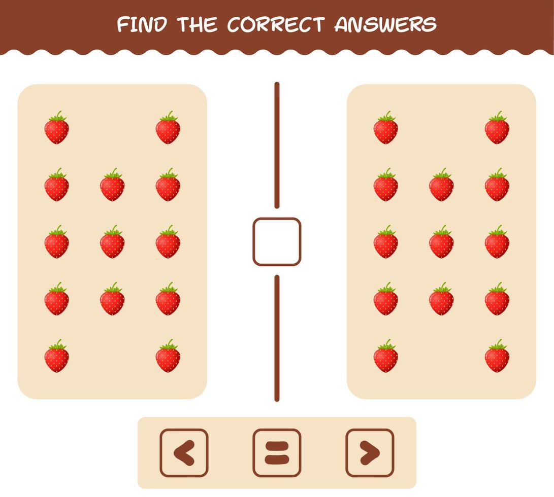 vind de juiste antwoorden van cartoon aardbei. zoek- en telspel. educatief spel voor kleuters en peuters vector