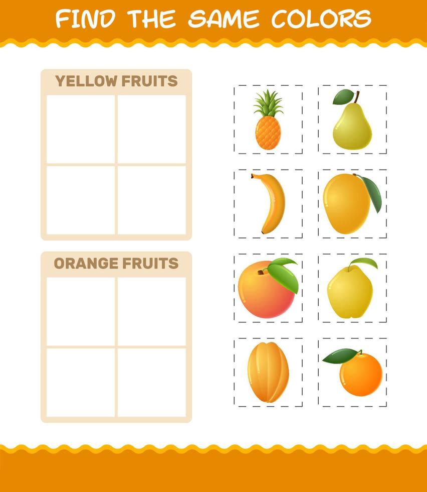 dezelfde kleuren fruit vinden. zoek- en matchspel. educatief spel voor kleuters en peuters vector