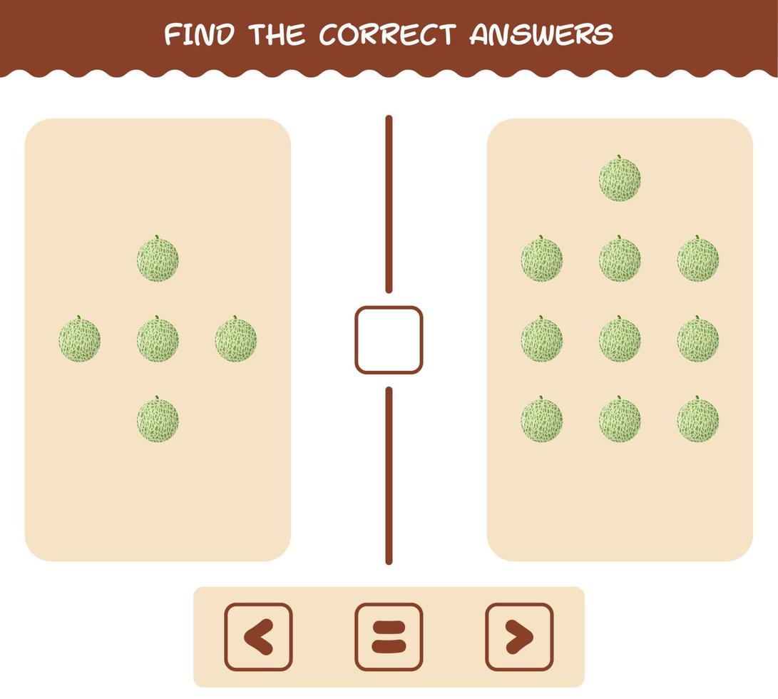 vind de juiste antwoorden van cartoonmeloen. zoek- en telspel. educatief spel voor kleuters en peuters vector