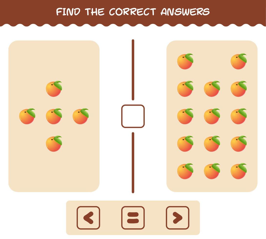 vind de juiste antwoorden van cartoon perzik. zoek- en telspel. educatief spel voor kleuters en peuters vector