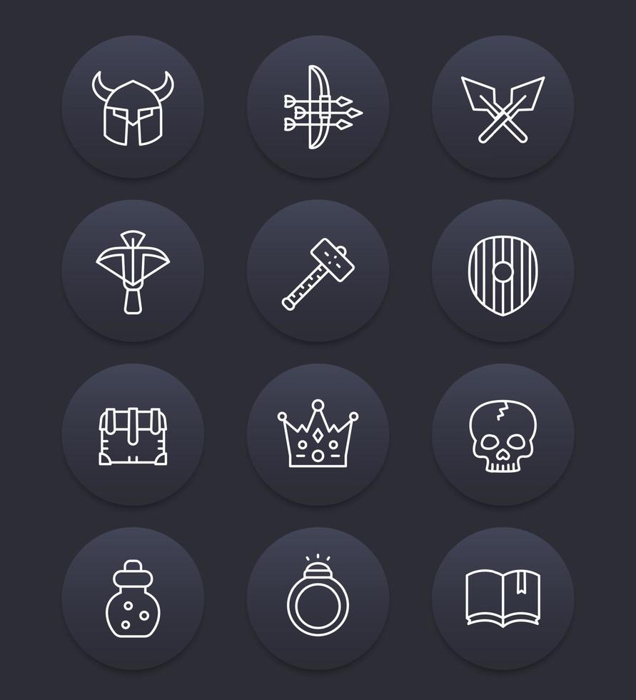 game line iconen set 2, pantser, oorlogshamer, kruisboog, pijlen en boog, rpg items vector