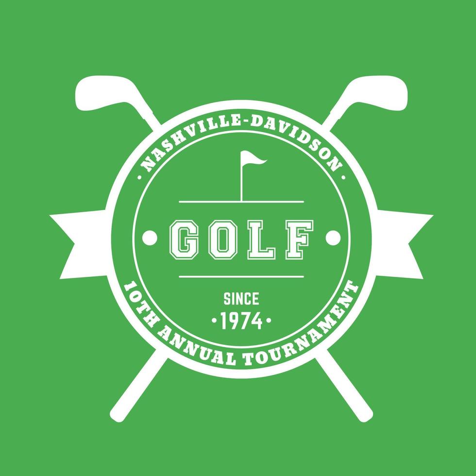 golftoernooi ronde badge, bord met gekruiste golfclubs, wit op groen, vectorillustratie vector