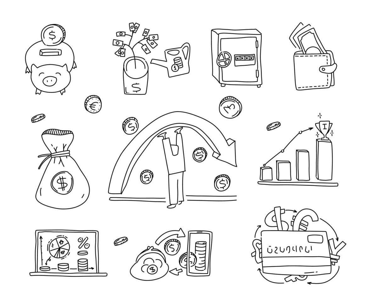Financiën doodle pictogramserie. geld cartoons illustratie besparen. betalen met een kaart. vector