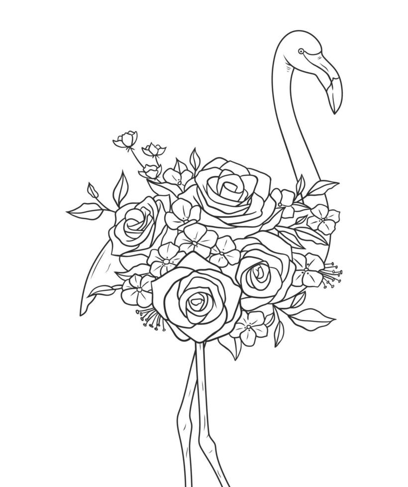 flamingo vogel met bloemen hart lijn kunst vectorillustratie vector