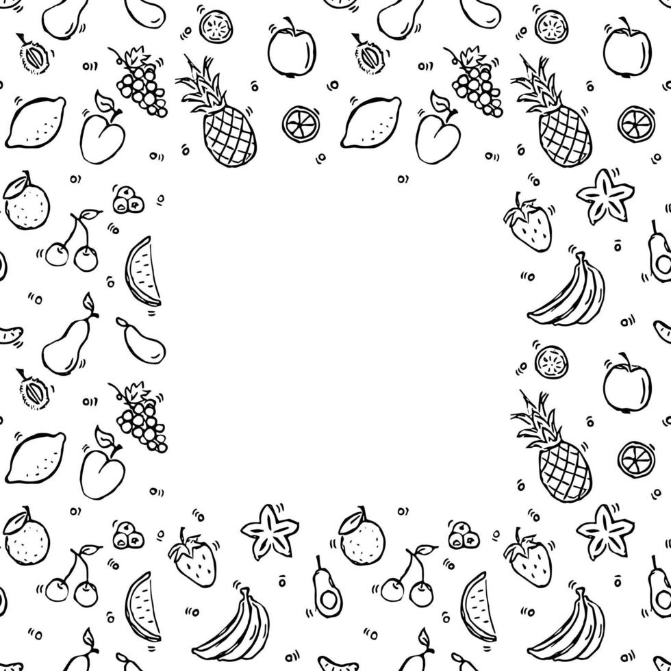 naadloos fruitpatroon met plaats voor tekst. doodle vector met fruit pictogrammen op witte achtergrond. vintage fruit illustratie, zoete elementen achtergrond voor uw project, menu, café winkel